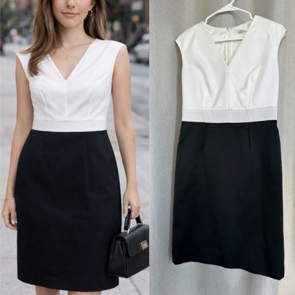 Paule Ka White Black Sleeveless Sheath Knee Length Dress FR 42 US M (10)